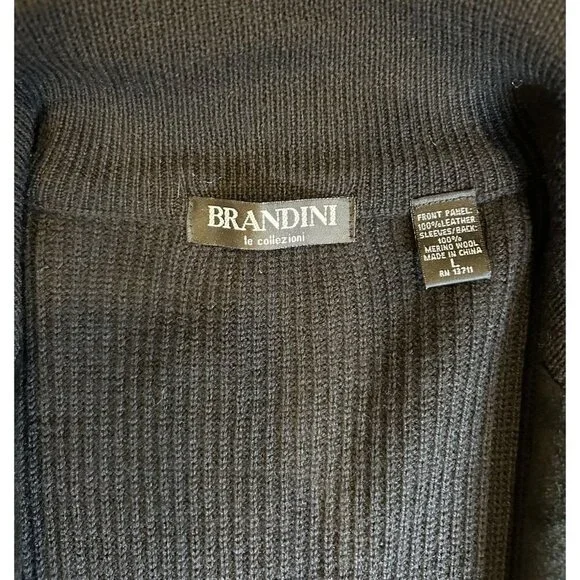 Brandini Black Suede Leather Merino Wool Full Zip Sweater Jacket Mens Size Large - Picture 5 of 8